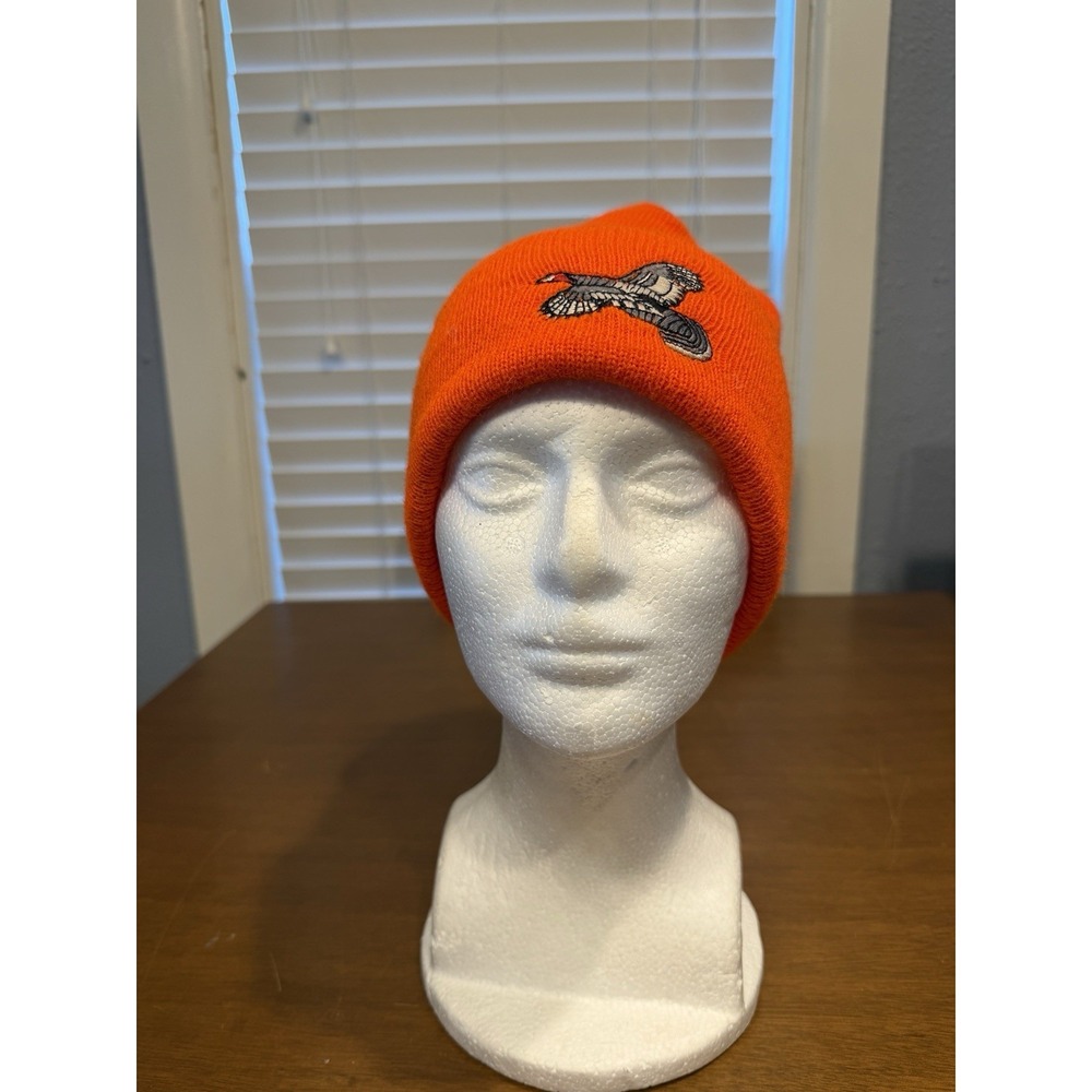 Vintage Adult Blaze Orange Beanie Stocking Hat Embroidered Turkey